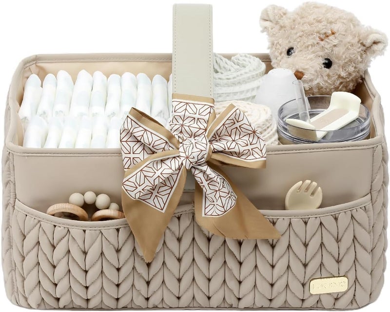 LUKJOJO Luxurious Baby Diaper Caddy, Nursery Storage Basket for Newborn Essentials, Travel Baby Basket for Diapers Baby Wipes, Organizer Tote Bag Storage Bin, Baby Shower Gifts(Beige) - Image 1